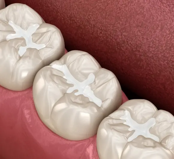 Dental sealants applied to molars with white protective coating on tooth surfaces.