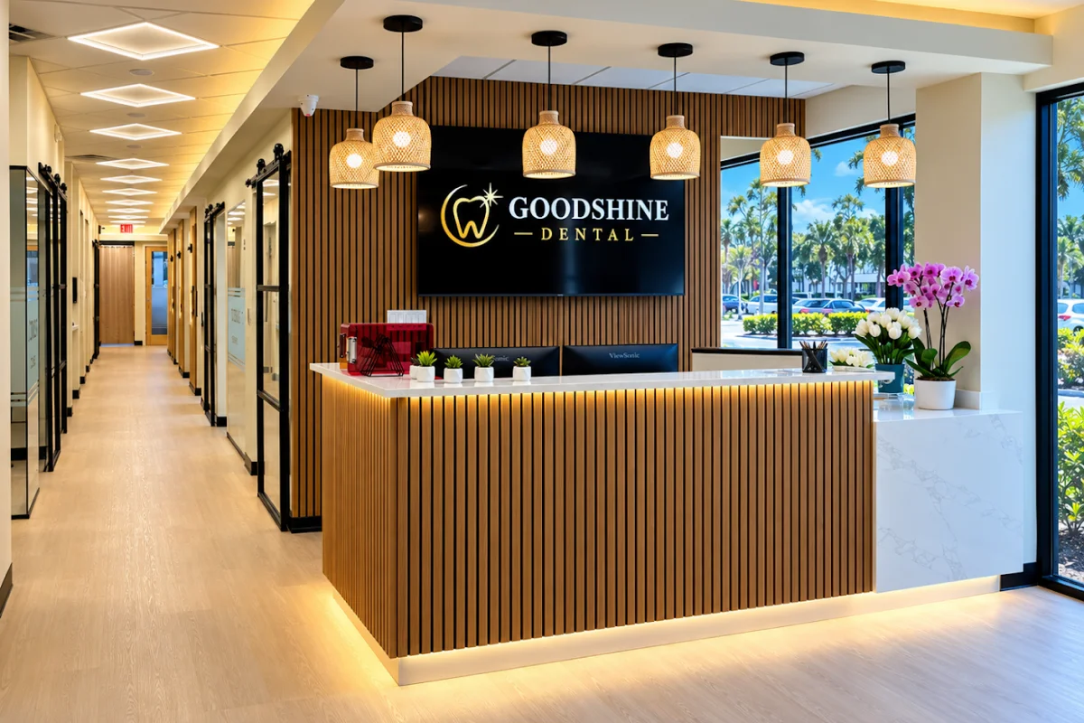 Reception desk with the Goodshine Dental sign at the Tamarac office