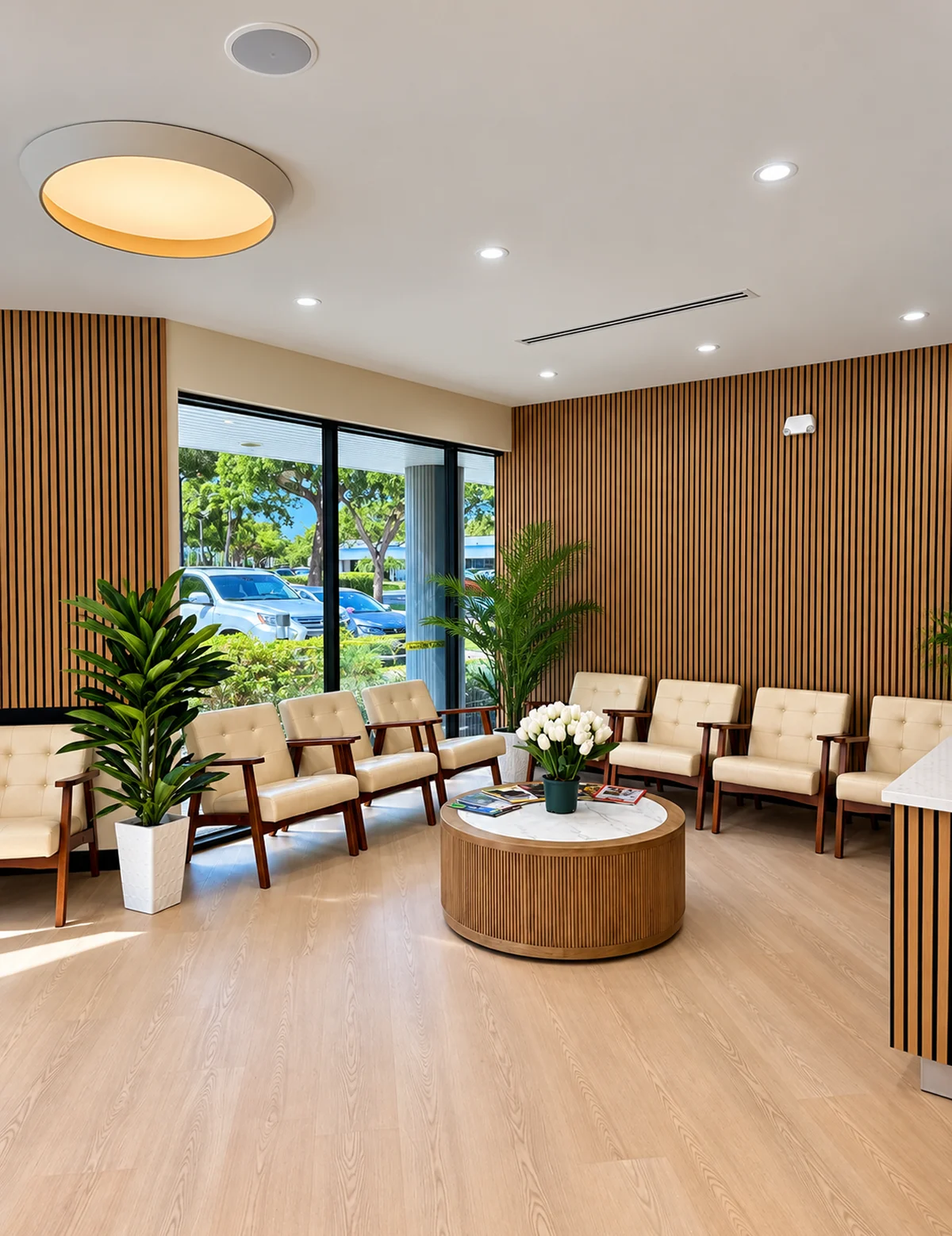 Bright waiting lounge with wood-slat wall and armchairs